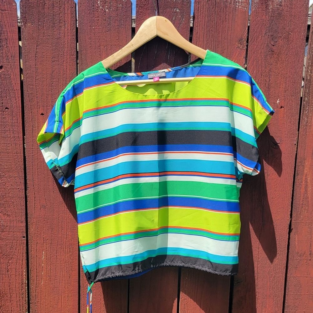 Vince Camuto Striped Dolman Sleeve Drawstring Hem Blouse Petite Med Green Blue